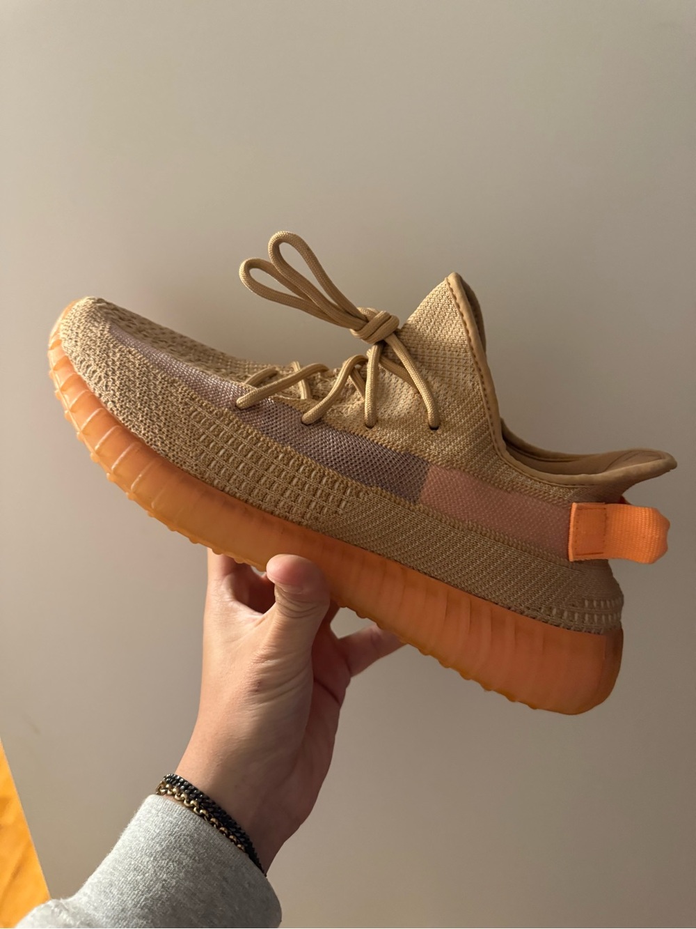 Yeezy Knit Low-Top Sneaker in Tan with Orange Sole
